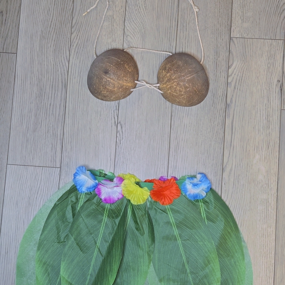 Tropical Hula Girl Costume with Coconut Top and Leaf Skirt